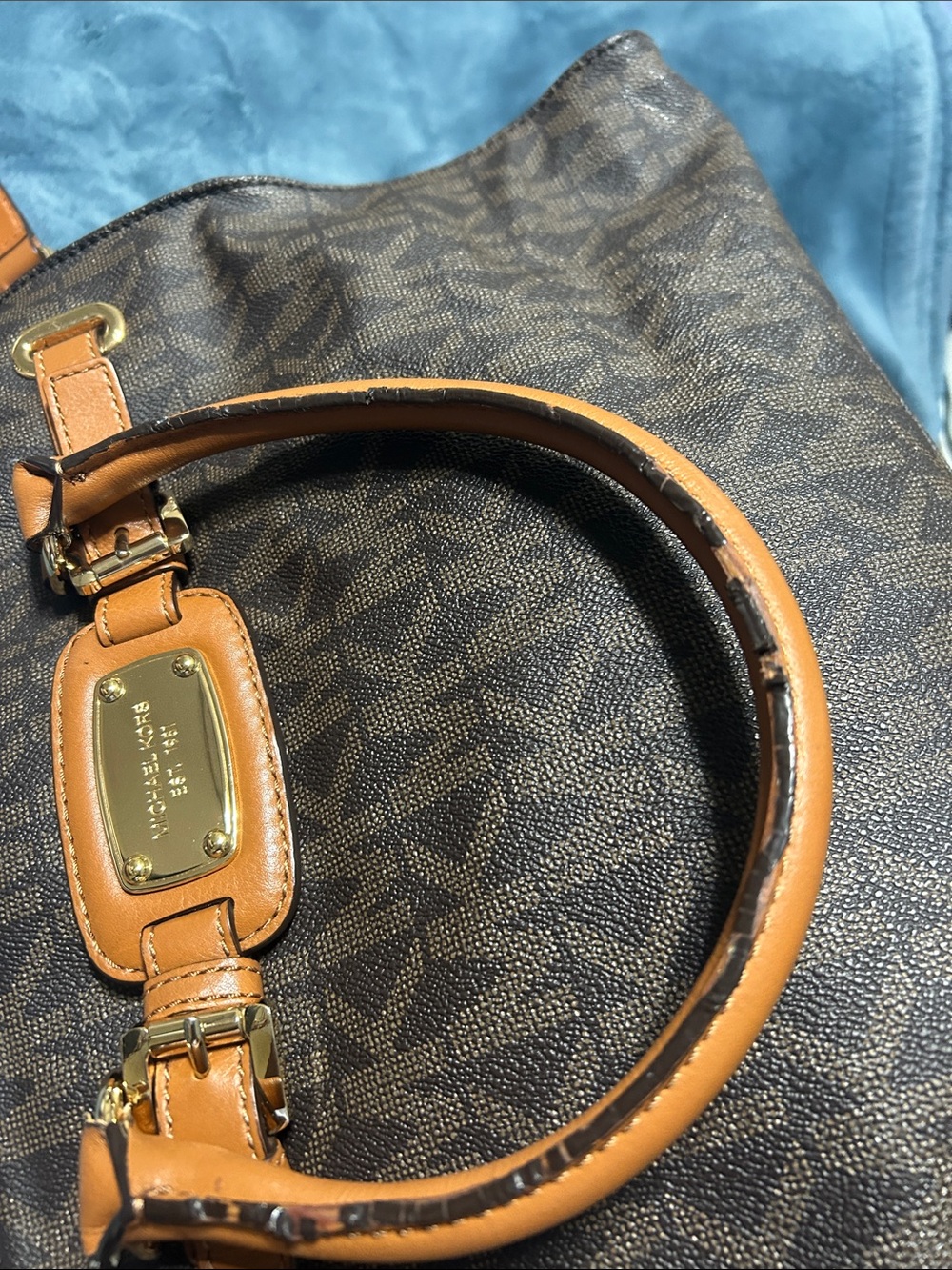 Michael Kors Brown MK Logo Satchel with Tan Handles - Picture 2 of 9
